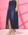 Solid Blue Women A-Line Knitted Maxi Skirt