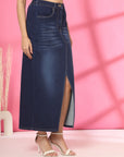 Solid Blue Women A-Line Knitted Maxi Skirt