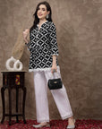 Black Ethnic Motifs Embroidered Thread Work Pure Cotton A-Line Kurti