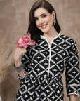 Black Ethnic Motifs Embroidered Thread Work Pure Cotton A-Line Kurti