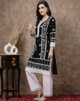 Black White Ethnic Motifs Printed Pure Cotton A Line Kurta