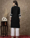 Black Floral Embroidered Thread Work Cotton Straight Kurta