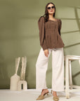 Women Collarless Solid Full Sleeve Buttoned Top