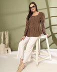 Women Collarless Solid Full Sleeve Buttoned Top