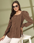 Women Collarless Solid Full Sleeve Buttoned Top