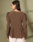 Women Collarless Solid Full Sleeve Buttoned Top