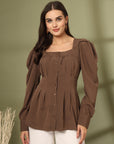 Women Collarless Solid Full Sleeve Buttoned Top
