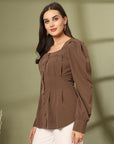 Women Collarless Solid Full Sleeve Buttoned Top