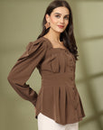 Women Collarless Solid Full Sleeve Buttoned Top