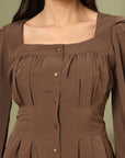 Women Collarless Solid Full Sleeve Buttoned Top