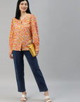 Orange Floral Printed Casual Buttoned Top