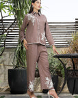Shirt Collar Embroidered Cotton Shirt With Trousers Co-Ords Set brown