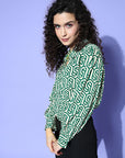 Women Classic White Geometric Vacay Attire Buttoned Top
