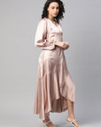 Women Peach-Coloured Satin Finish Solid Maxi Wrap Dress