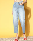 Women Blue High-Rise Regular Fit Cropped Stretchable Jeans