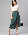 CINK Women Green White Polka Dots Printed Midi Wrap Skirt