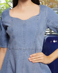 Solid Denim Square Neck Half Short Sleeve Dress light-blue
