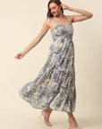 Beige Conversational Printed Shoulder Straps Tiered Fit Flare Maxi Dress