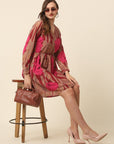 Pink Brown Floral Printed Puff Sleeves Smocked A-Line Dress