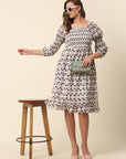 White Black Monochrome Geometric Printed Puff Sleeves Smocked A-Line Dress
