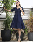 Solid Denim Square Neck Half Short Sleeve Dress blue