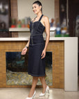 Women Halter Neck A-Line Cotton Midi Dress blue