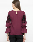 Burgundy Floral Bell Sleeves A-Line Top