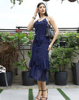 Women Self Design Shoulder Straps Ruffles Peplum Dress navy-blue