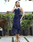 Women Self Design Shoulder Straps Ruffles Peplum Dress navy-blue
