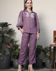 Shirt Collar Embroidered Cotton Shirt With Trousers Co-Ords Set pink