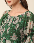 Green Beige Floral Printed Puff Sleeves Smocked A-Line Dress