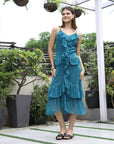 Women Self Design Shoulder Straps Ruffles Peplum Dress teal