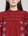 CINK Maroon Geometric Embroidered Boxy Top