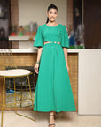 Women Self Design Flared Sleeve Cut-Outs Fit & Flare Midi Dress green
