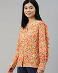 Orange Floral Printed Casual Buttoned Top