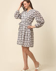 White Black Monochrome Geometric Printed Puff Sleeves Gathered Fit Flare Dress