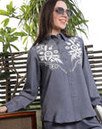 Shirt Collar Embroidered Cotton Shirt With Trousers Co-Ords Set blue