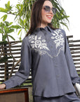 Shirt Collar Embroidered Cotton Shirt With Trousers Co-Ords Set blue