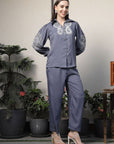 Shirt Collar Embroidered Cotton Shirt With Trousers Co-Ords Set blue