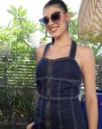 Women Halter Neck A-Line Denim Dress navy-blue