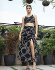 Printed Shoulder Strap Neck Top With Skirt Co-Ord Set black