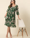 Green Beige Floral Printed Puff Sleeves Smocked A-Line Dress