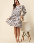 White Black Monochrome Geometric Printed Puff Sleeves Gathered Fit Flare Dress