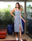 Women Halter Neck A-Line Midi Denim Dress light-blue