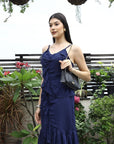 Women Self Design Shoulder Straps Ruffles Peplum Dress navy-blue