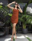 Sleeveless designs square neckline dress Brown