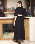 Women Self Design Flared Sleeve Cut-Outs Fit & Flare Midi Dress black