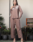 Shirt Collar Embroidered Cotton Shirt With Trousers Co-Ords Set brown