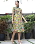 Floral Printed Shirt Collar Short Sleeves Shirt Dress Yellow