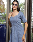 Solid Denim Square Neck Half Short Sleeve Dress light-blue